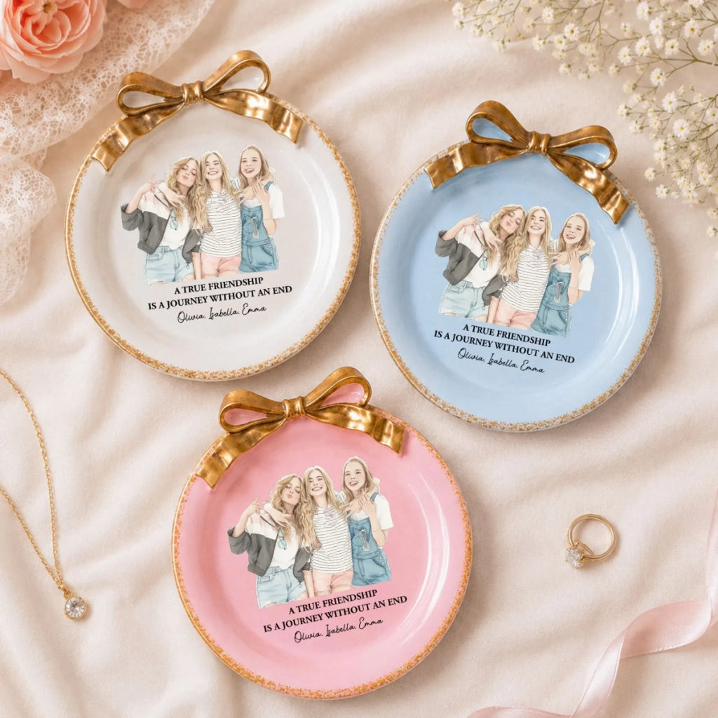 Custom Photo Watercolor Ribbon Trinket Dish, Best Friend Gift For Bestie • Friends Forever - Personalized Bow Jewelry Dish