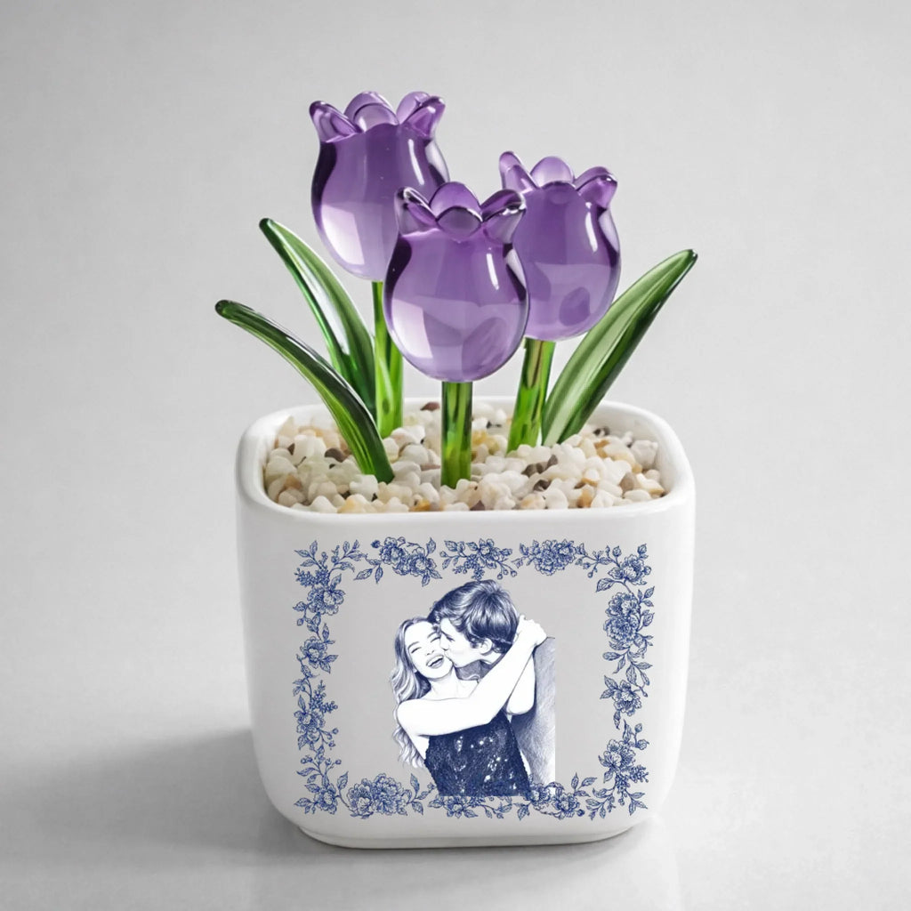 Custom Photo Glass Flower Keepsake, Romantic Anniversary Gift for Wife • Vintage Couple Photo 2 - Personalized Glass Everlasting Tulips