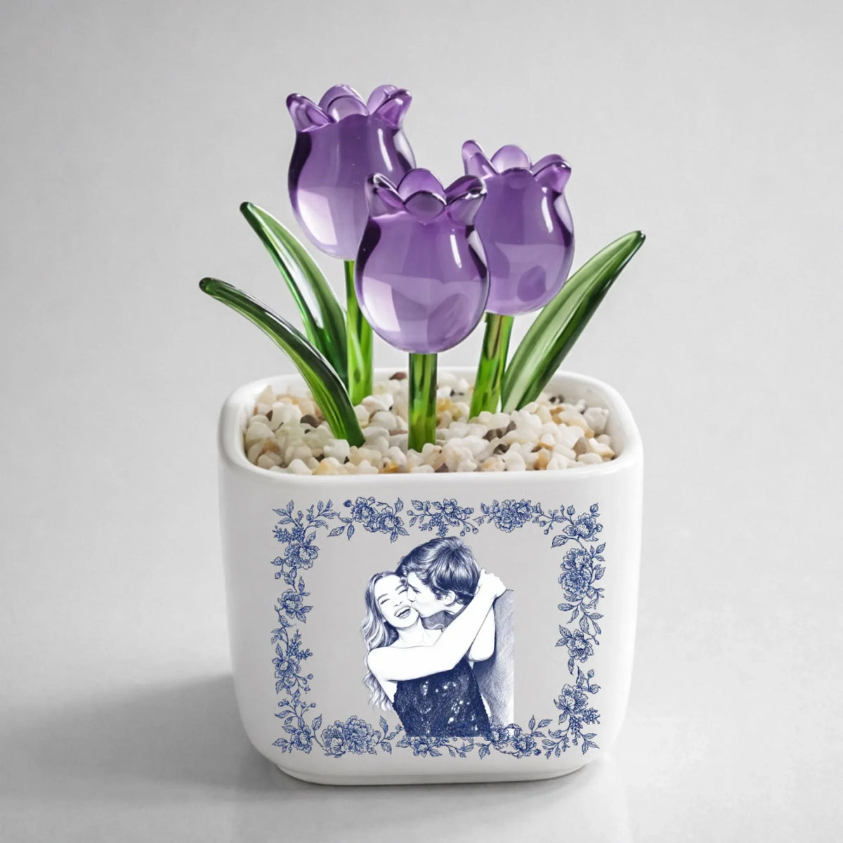 Custom Photo Glass Flower Keepsake, Romantic Anniversary Gift for Wife • Vintage Couple Photo 2 - Personalized Glass Everlasting Tulips