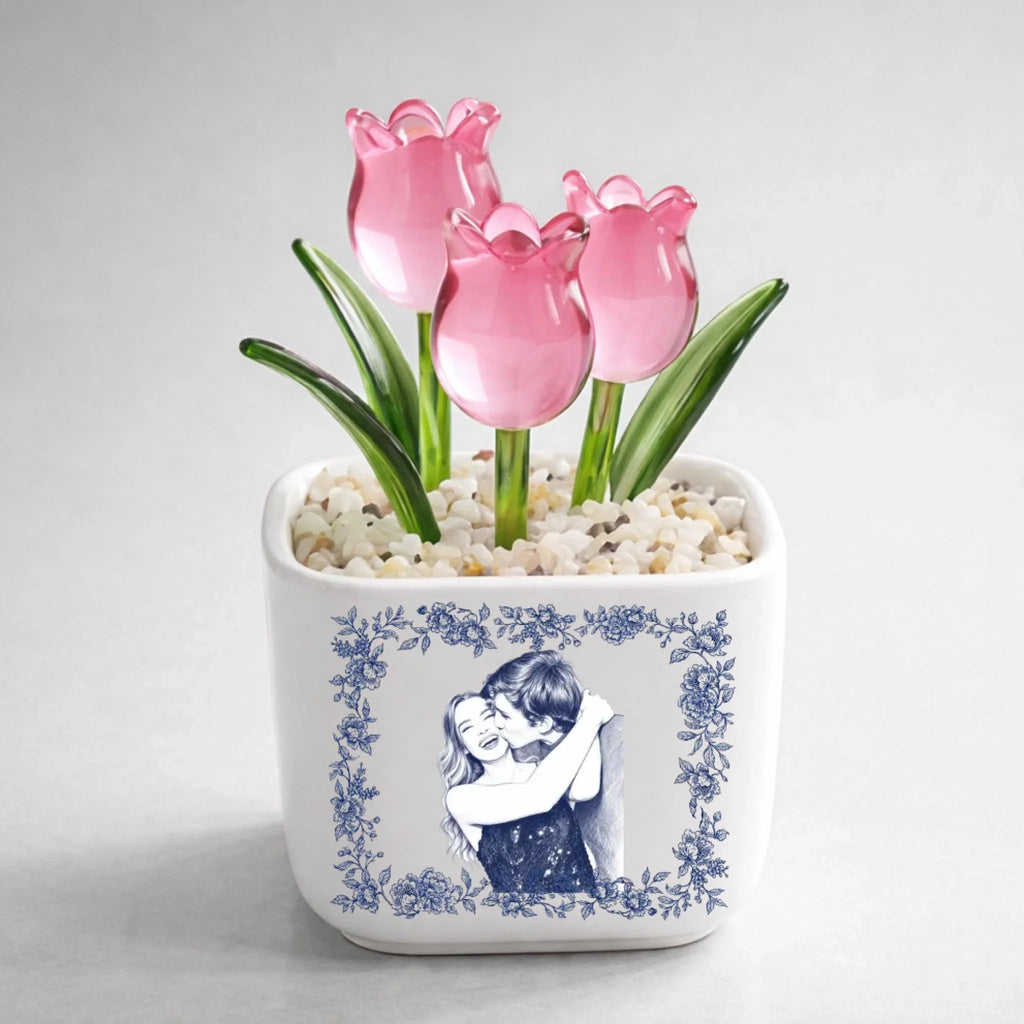 Custom Photo Glass Flower Keepsake, Romantic Anniversary Gift for Wife • Vintage Couple Photo 2 - Personalized Glass Everlasting Tulips