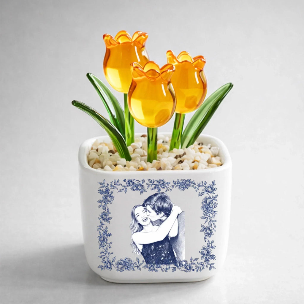 Custom Photo Glass Flower Keepsake, Romantic Anniversary Gift for Wife • Vintage Couple Photo 2 - Personalized Glass Everlasting Tulips