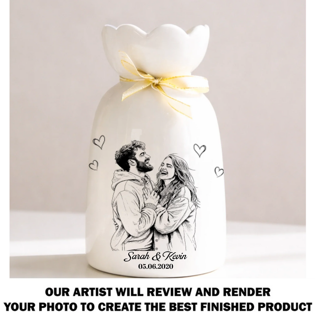 You And Me Pencil Sketch - Personalized Ribbon Tie Flower Vase