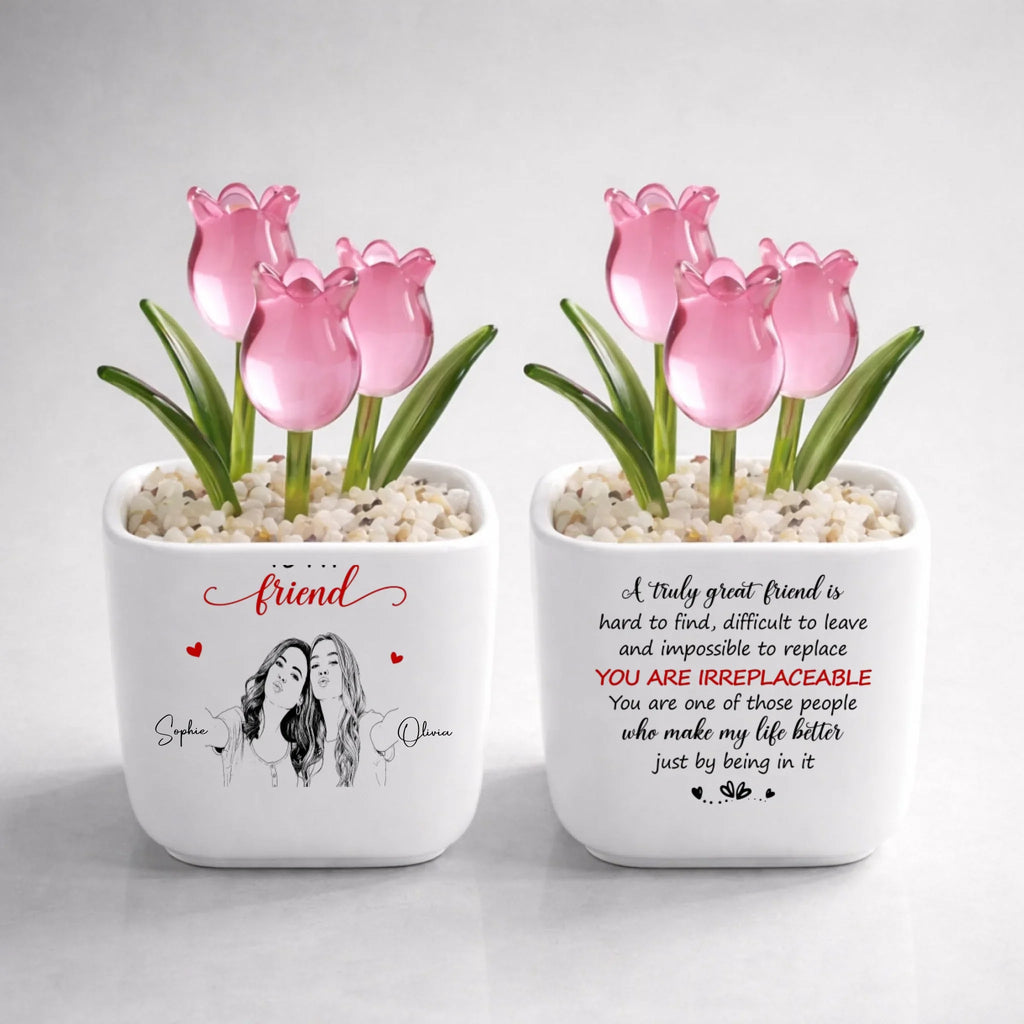 Custom Photo Sketch Line Art Flower Keepsake, Glass Home Decor Gift for Best Friend • Truly Great Friend - Personalized Glass Everlasting Tulips
