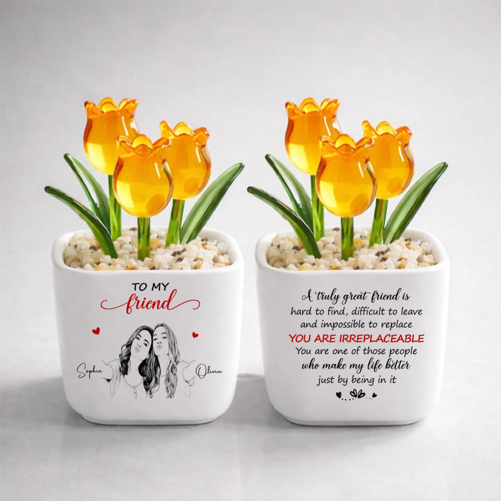 Custom Photo Sketch Line Art Flower Keepsake, Glass Home Decor Gift for Best Friend • Truly Great Friend - Personalized Glass Everlasting Tulips