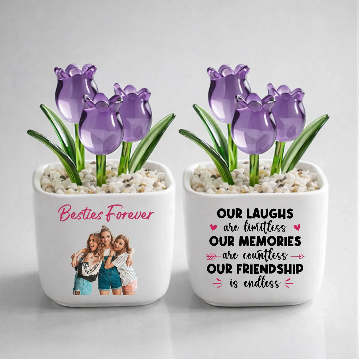 Custom Photo Flower Keepsake, Glass Home Decor Gift for Best Friend • Soul Sisters - Personalized Glass Everlasting Tulips