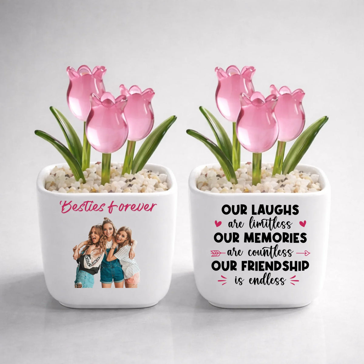 Custom Photo Flower Keepsake, Glass Home Decor Gift for Best Friend • Soul Sisters - Personalized Glass Everlasting Tulips