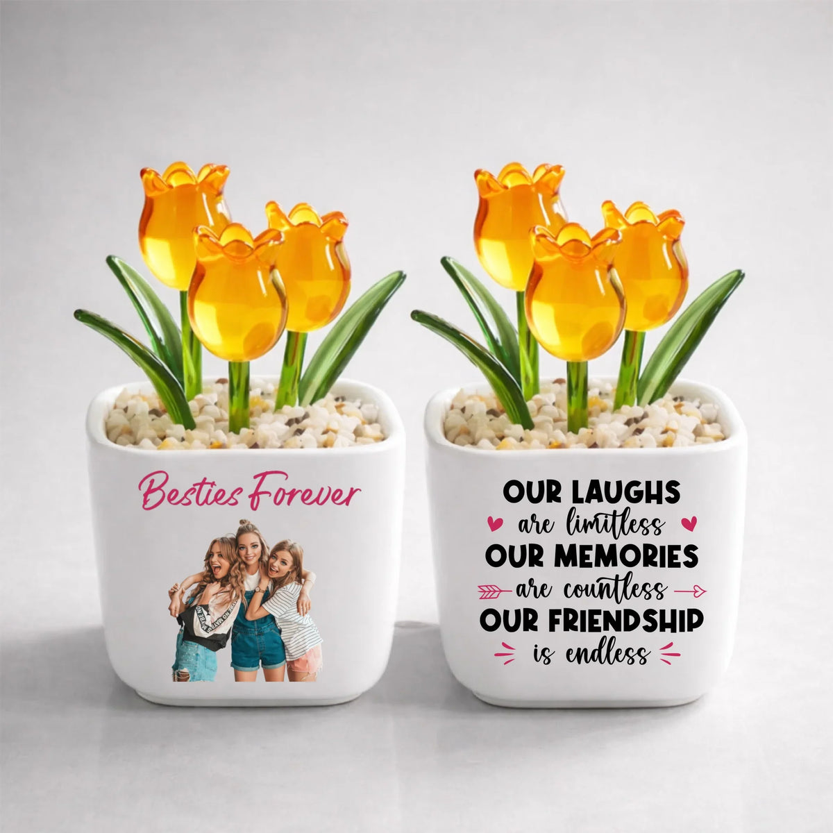 Custom Photo Flower Keepsake, Glass Home Decor Gift for Best Friend • Soul Sisters - Personalized Glass Everlasting Tulips