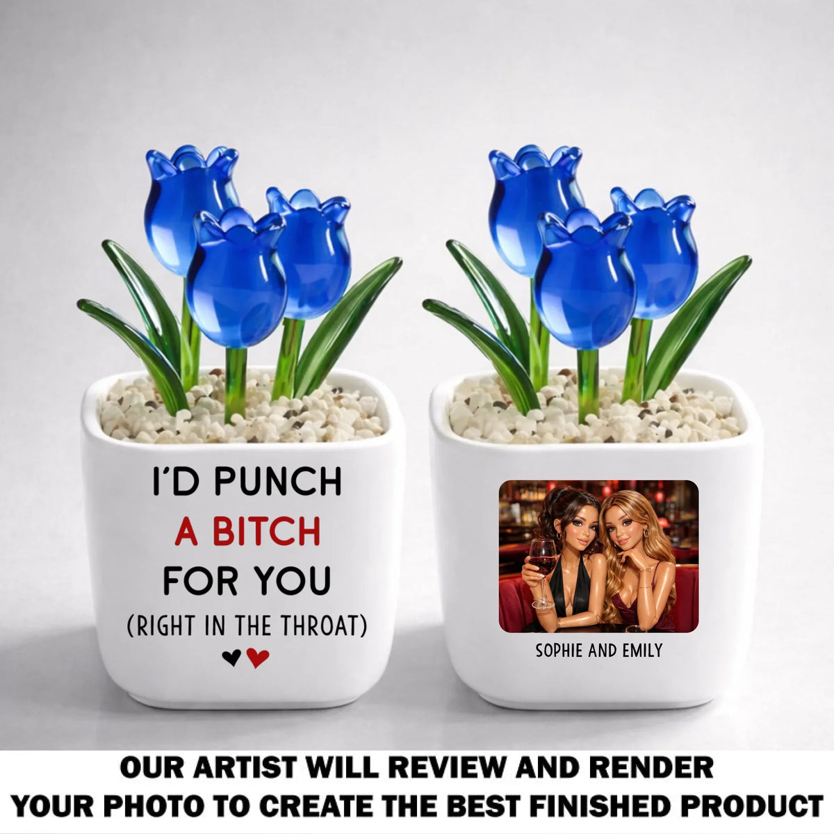 Custom Photo Flower Keepsake, Glass Home Decor Gift for Best Friend • Punch For You Doll Version - Personalized Glass Everlasting Tulips