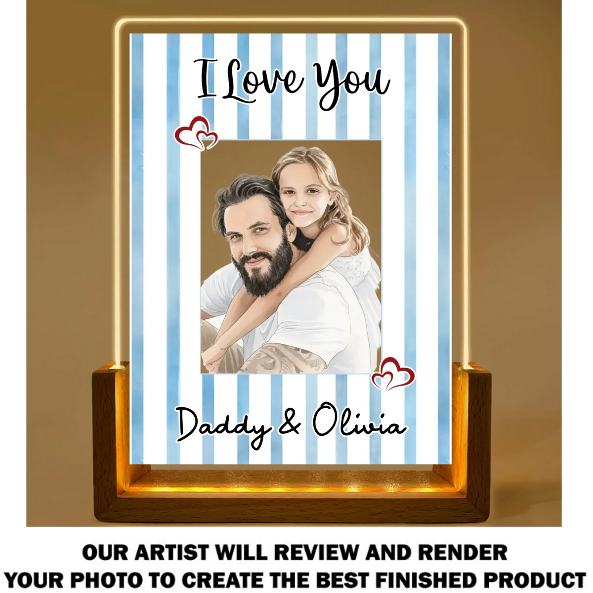 Custom Photo Father's Day Gift for Dad Grandpa • Me and Daddy Portrait Watercolor - Personalized Plaque With Walnut Base