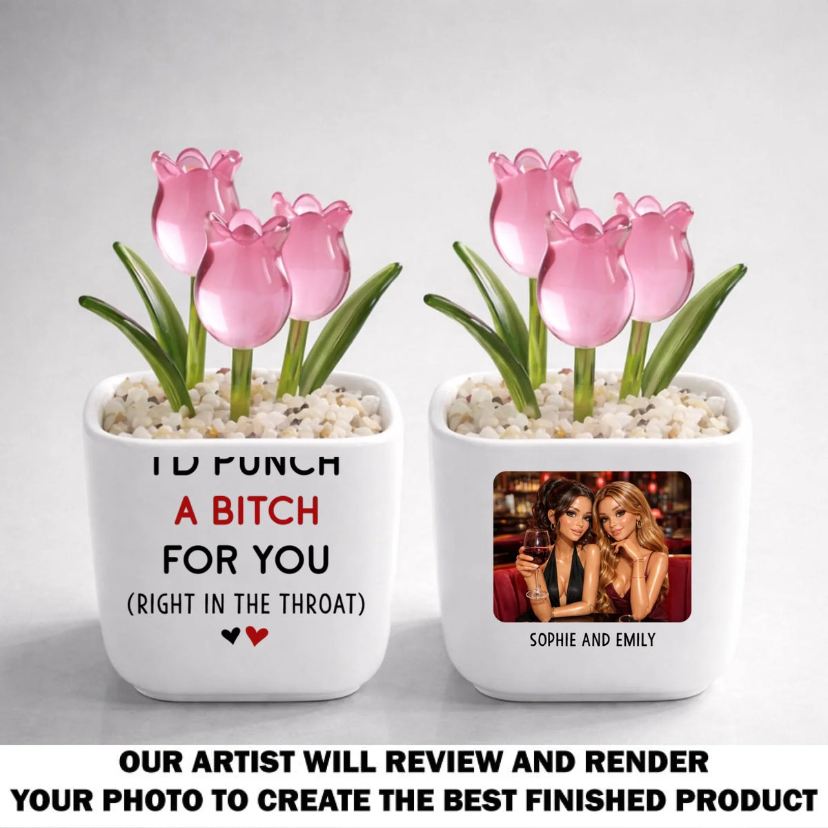 Custom Photo Flower Keepsake, Glass Home Decor Gift for Best Friend • Punch For You Doll Version - Personalized Glass Everlasting Tulips