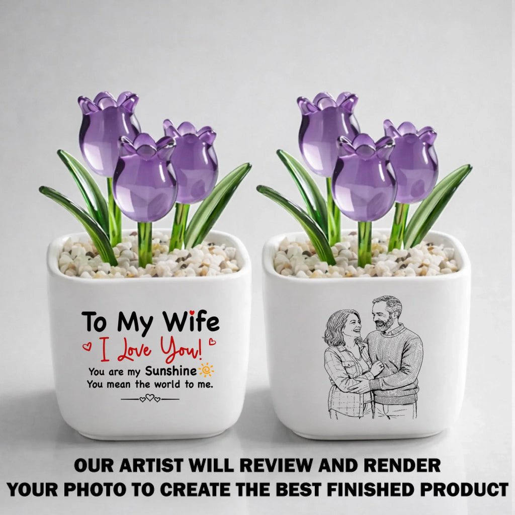 Custom Photo Glass Flower Keepsake, Romantic Anniversary Gift for Wife • My Sunshine - Personalized Glass Everlasting Tulips