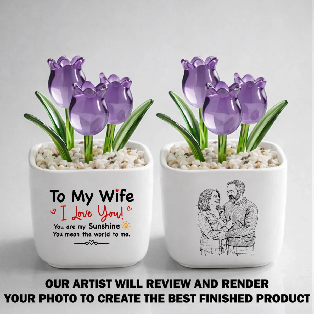 Custom Photo Glass Flower Keepsake, Romantic Anniversary Gift for Wife • My Sunshine - Personalized Glass Everlasting Tulips