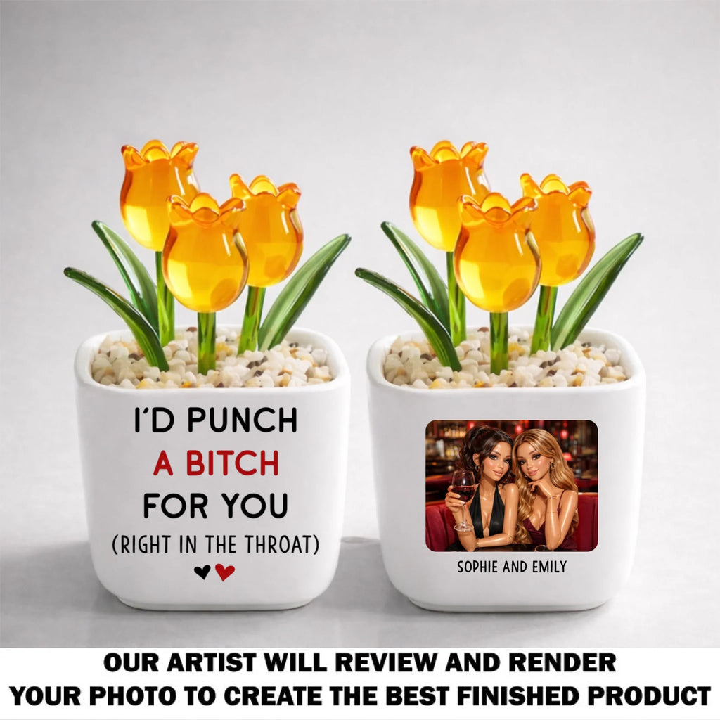 Custom Photo Flower Keepsake, Glass Home Decor Gift for Best Friend • Punch For You Doll Version - Personalized Glass Everlasting Tulips