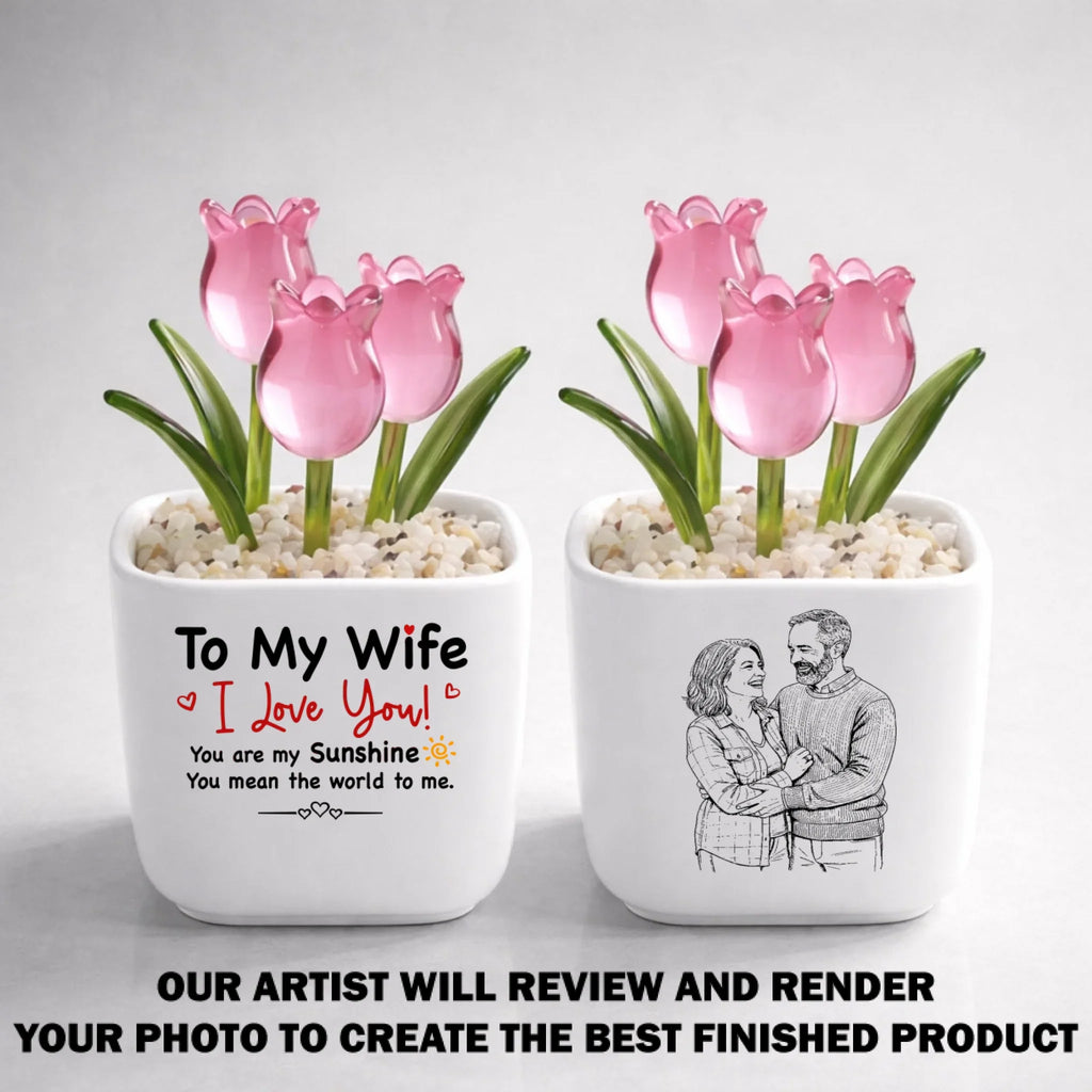 Custom Photo Glass Flower Keepsake, Romantic Anniversary Gift for Wife • My Sunshine - Personalized Glass Everlasting Tulips