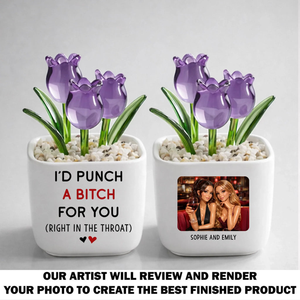 Custom Photo Flower Keepsake, Glass Home Decor Gift for Best Friend • Punch For You Doll Version - Personalized Glass Everlasting Tulips
