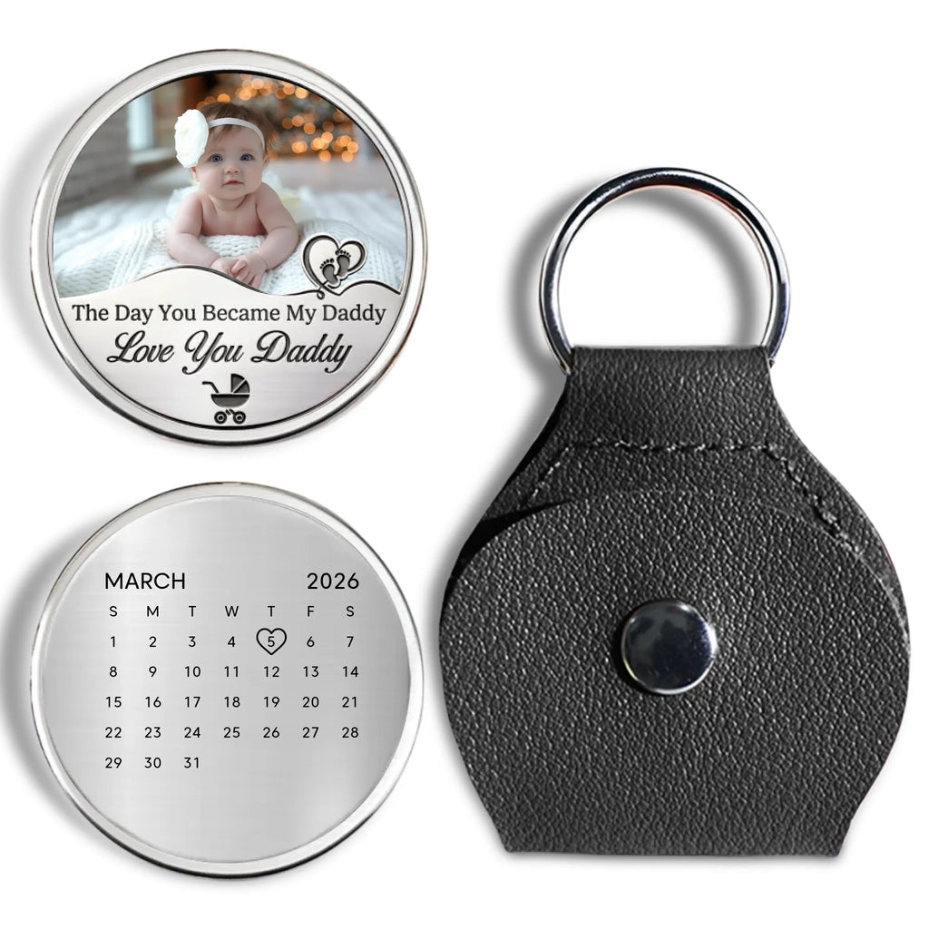 Custom Photo Coin Keychain for Dad, Father's Day Birthday Keepsake • Baby Arrival Date 2 - Personalized Pocket Hug