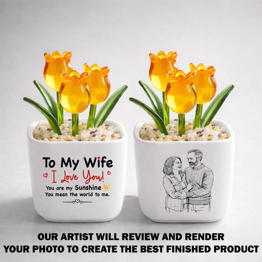 Custom Photo Glass Flower Keepsake, Romantic Anniversary Gift for Wife • My Sunshine - Personalized Glass Everlasting Tulips