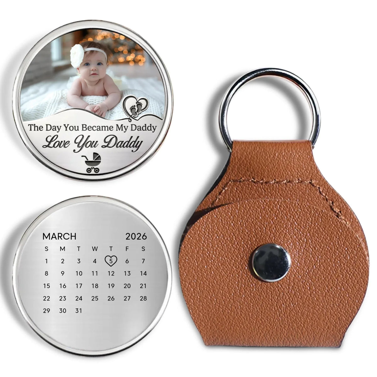 Custom Photo Coin Keychain for Dad, Father's Day Birthday Keepsake • Baby Arrival Date 2 - Personalized Pocket Hug