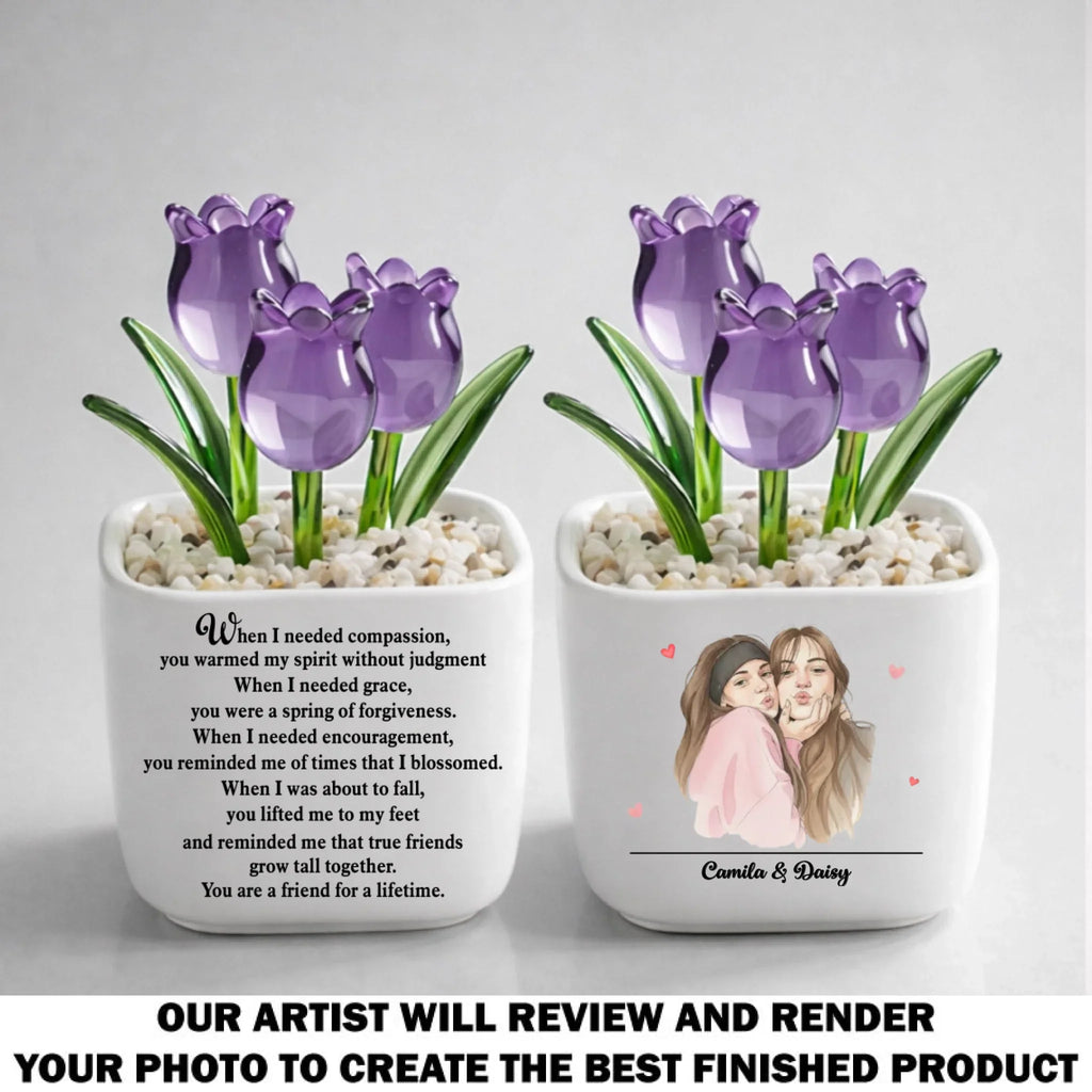 Custom Photo Flower Keepsake, Glass Home Decor Gift for Best Friend • Friends Grow Together - Personalized Glass Everlasting Tulips