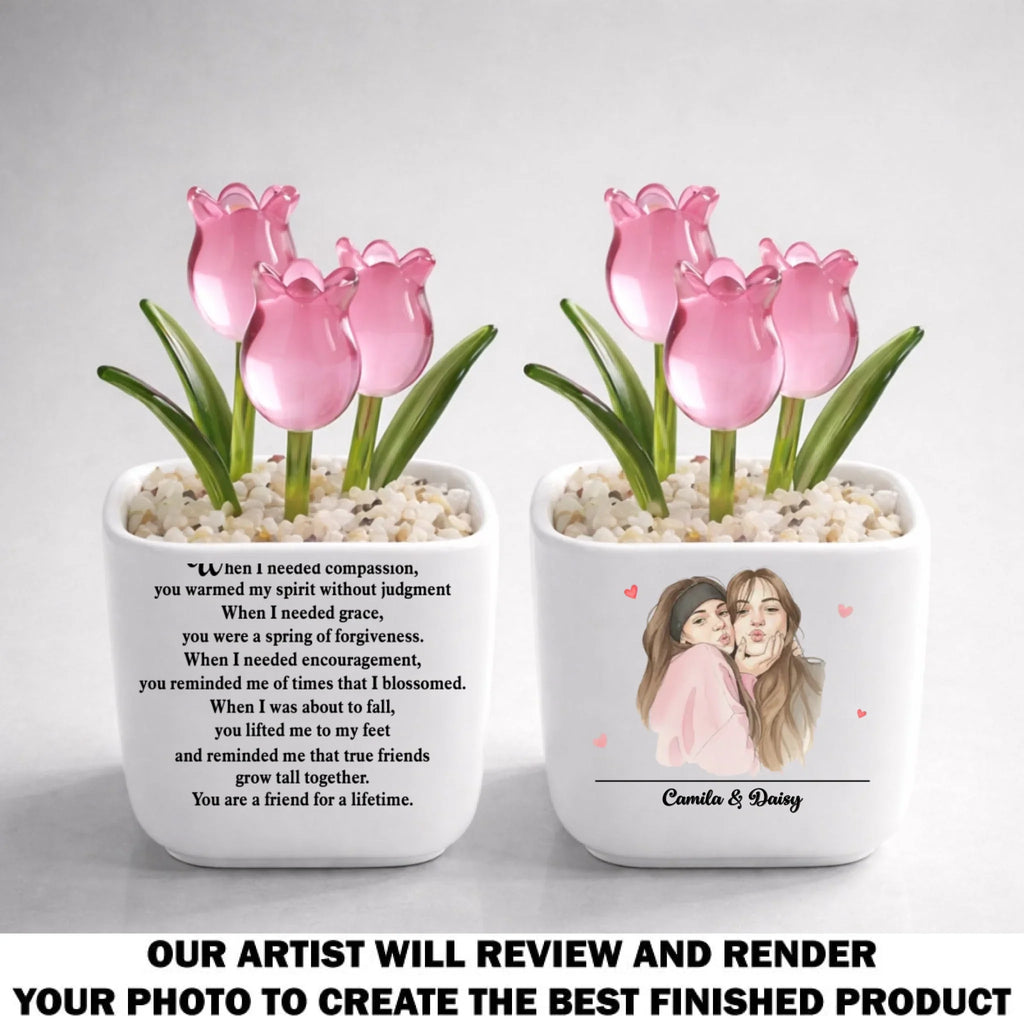 Custom Photo Flower Keepsake, Glass Home Decor Gift for Best Friend • Friends Grow Together - Personalized Glass Everlasting Tulips