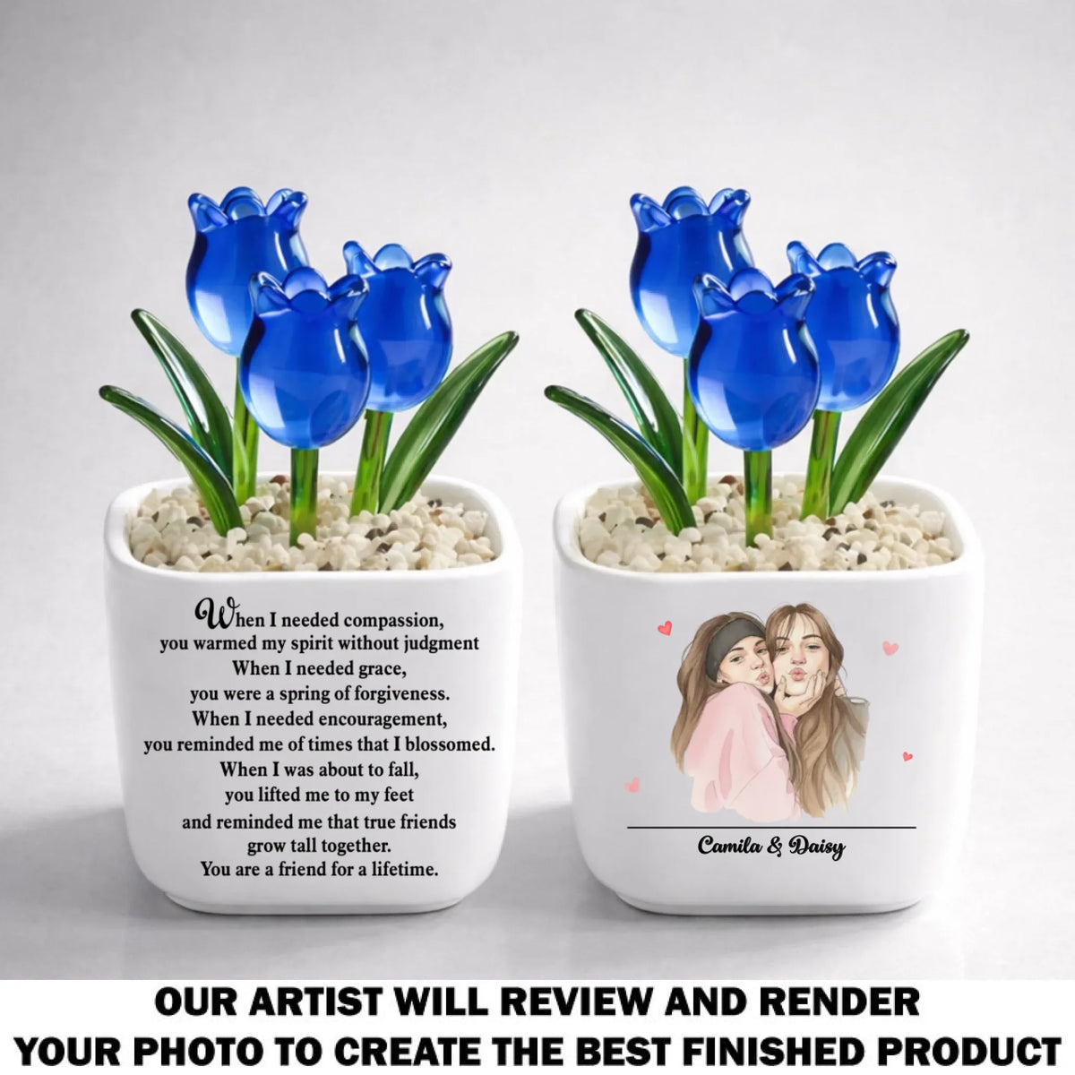 Custom Photo Flower Keepsake, Glass Home Decor Gift for Best Friend • Friends Grow Together - Personalized Glass Everlasting Tulips