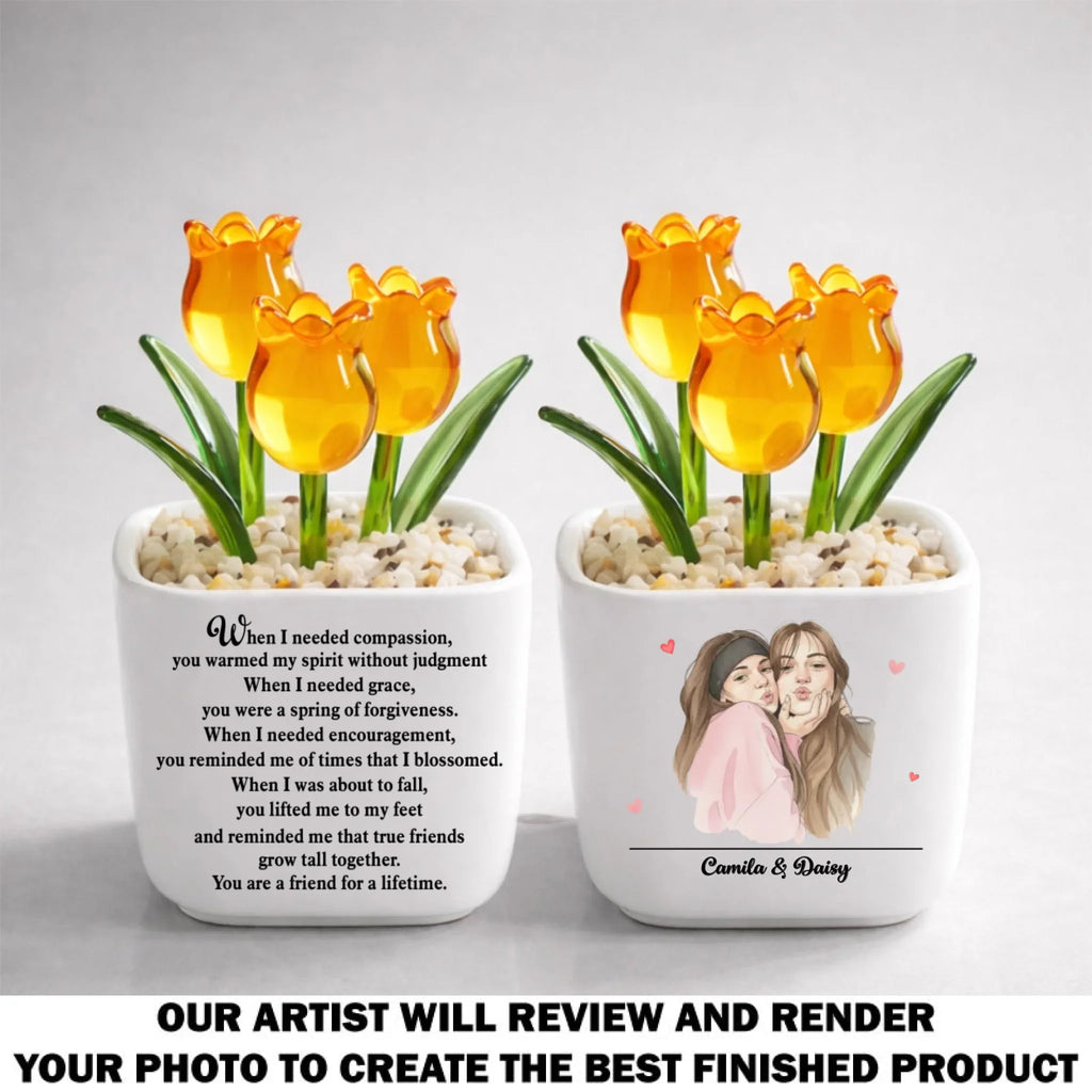 Custom Photo Flower Keepsake, Glass Home Decor Gift for Best Friend • Friends Grow Together - Personalized Glass Everlasting Tulips