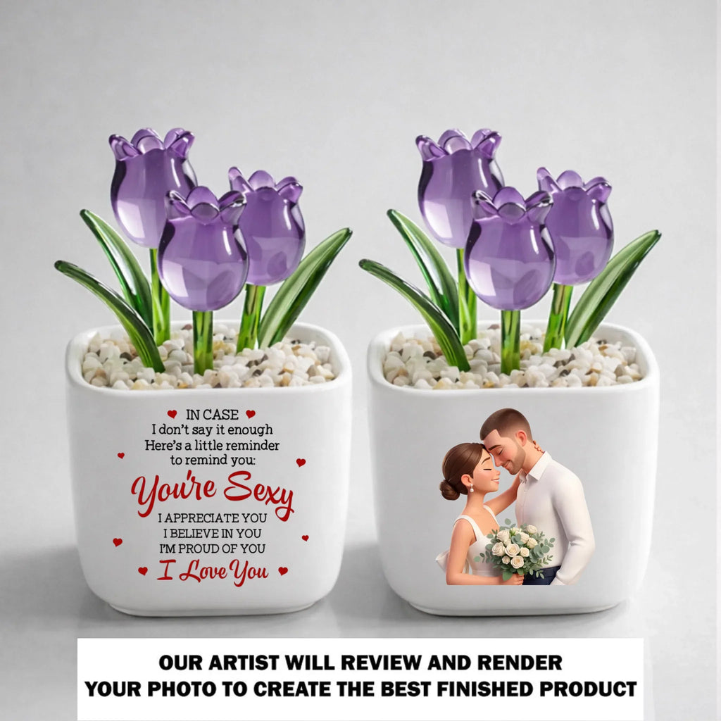 Custom Photo Glass Flower Keepsake, Romantic Anniversary Gift for Wife • My Favorite Human - Personalized Glass Everlasting Tulips