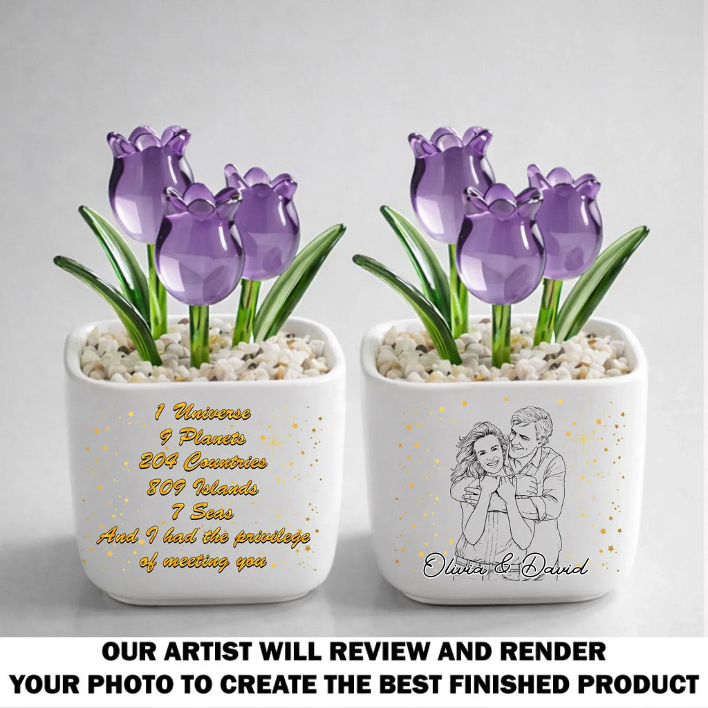 Custom Photo Sketch Line Art Glass Flower Keepsake, Romantic Anniversary Gift for Wife • Lucky To Meet You - Personalized Glass Everlasting Tulips
