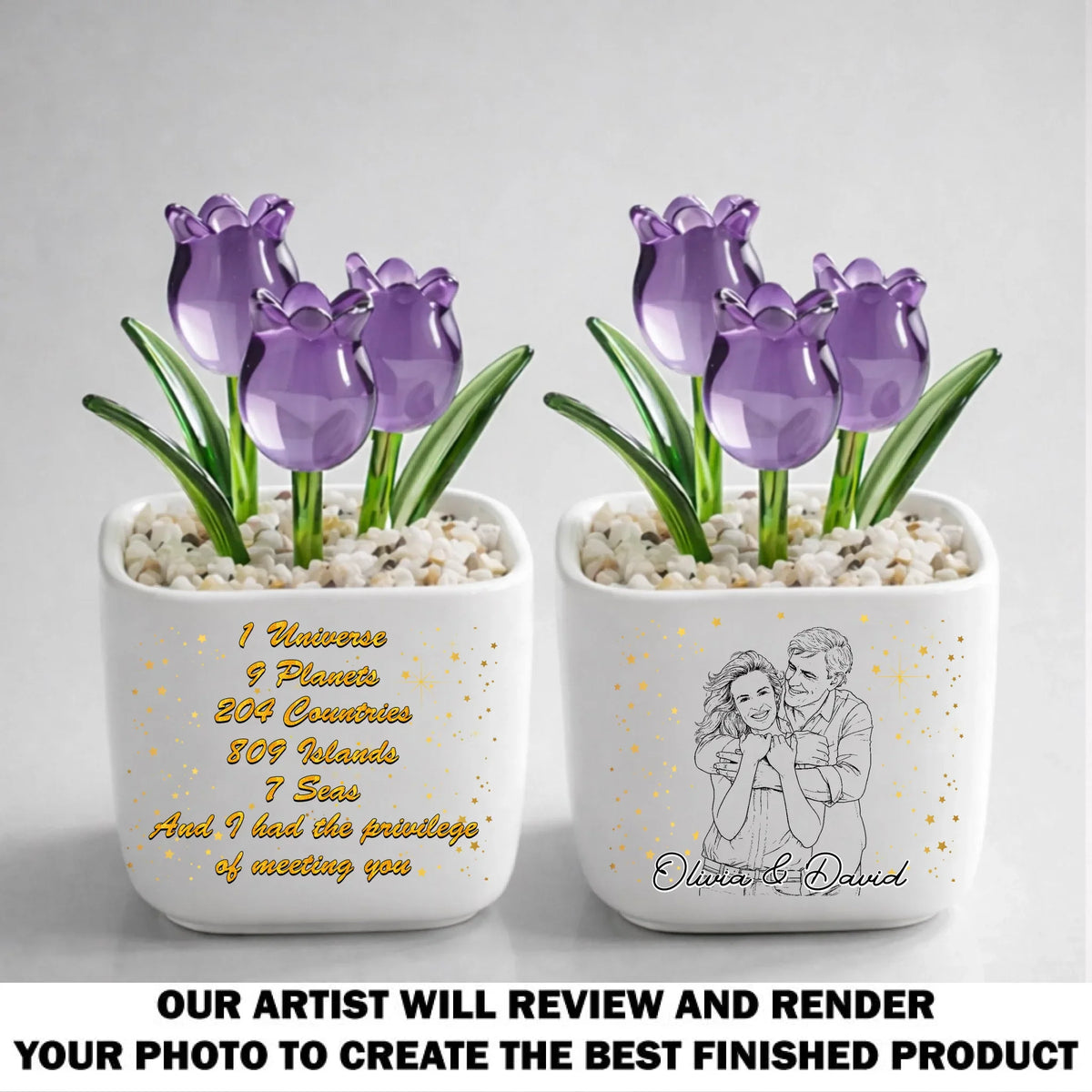 Custom Photo Sketch Line Art Glass Flower Keepsake, Romantic Anniversary Gift for Wife • Lucky To Meet You - Personalized Glass Everlasting Tulips