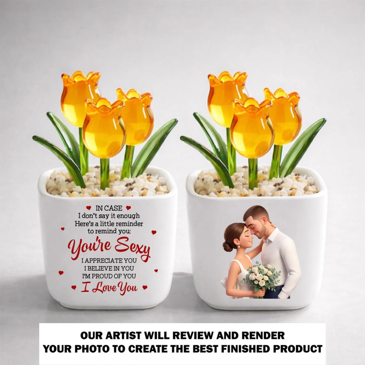 Custom Photo Glass Flower Keepsake, Romantic Anniversary Gift for Wife • My Favorite Human - Personalized Glass Everlasting Tulips