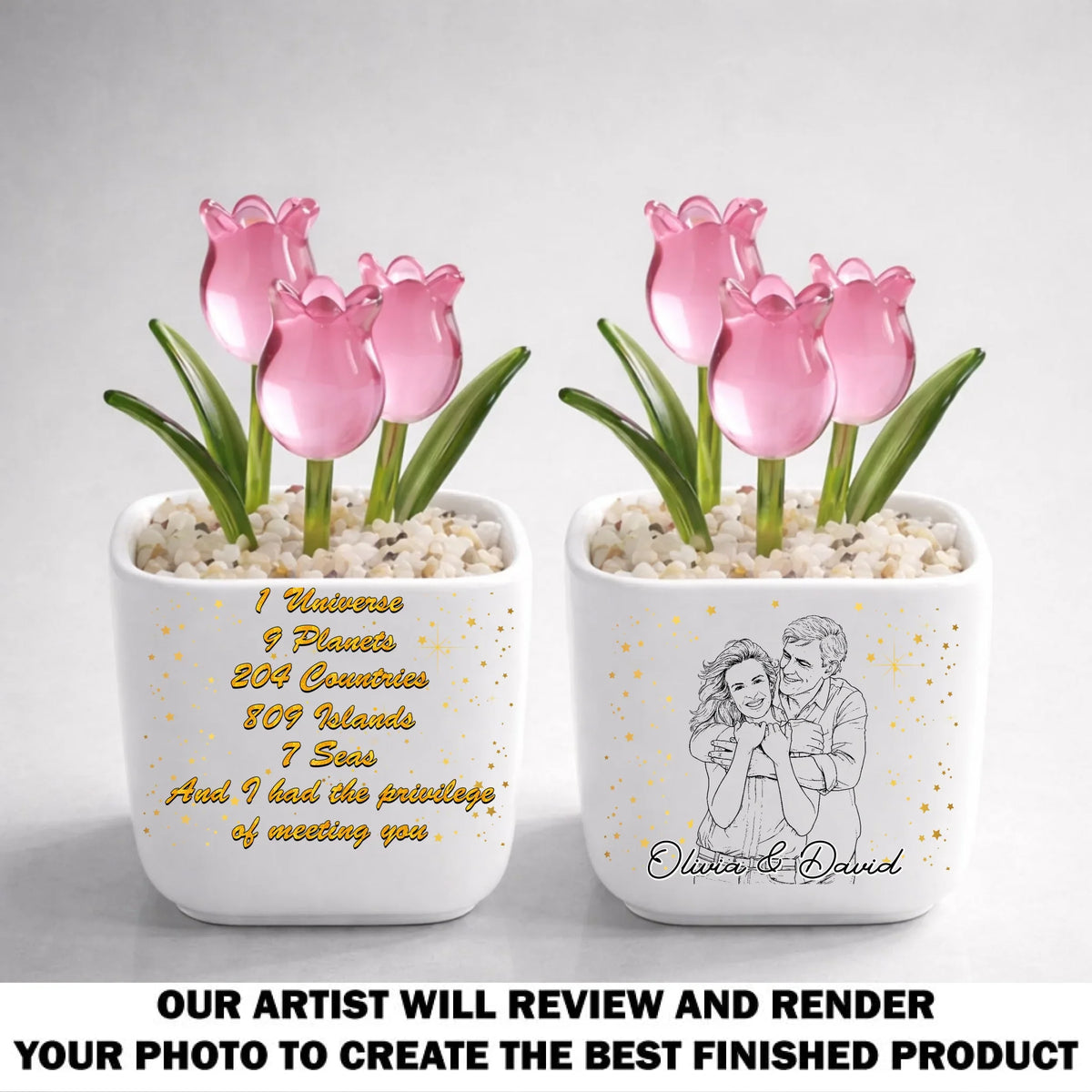 Custom Photo Sketch Line Art Glass Flower Keepsake, Romantic Anniversary Gift for Wife • Lucky To Meet You - Personalized Glass Everlasting Tulips