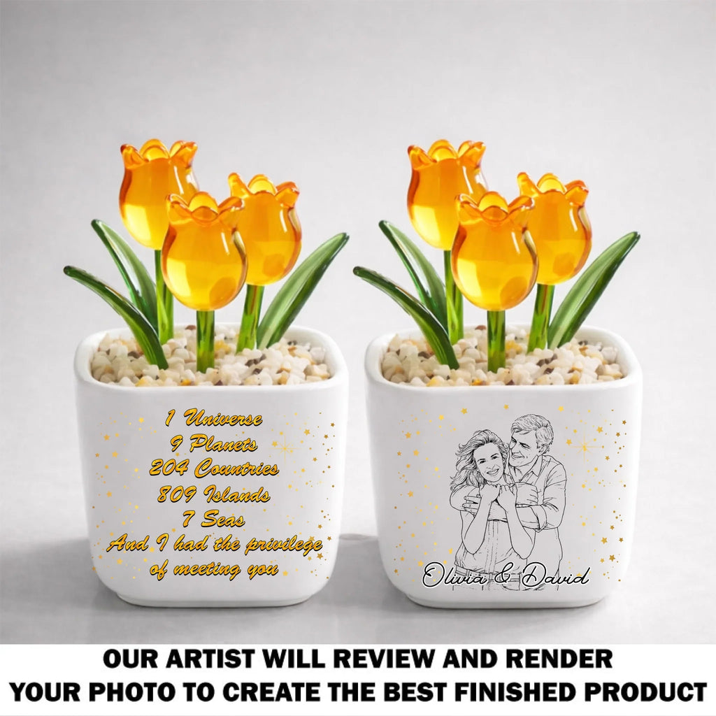 Custom Photo Sketch Line Art Glass Flower Keepsake, Romantic Anniversary Gift for Wife • Lucky To Meet You - Personalized Glass Everlasting Tulips