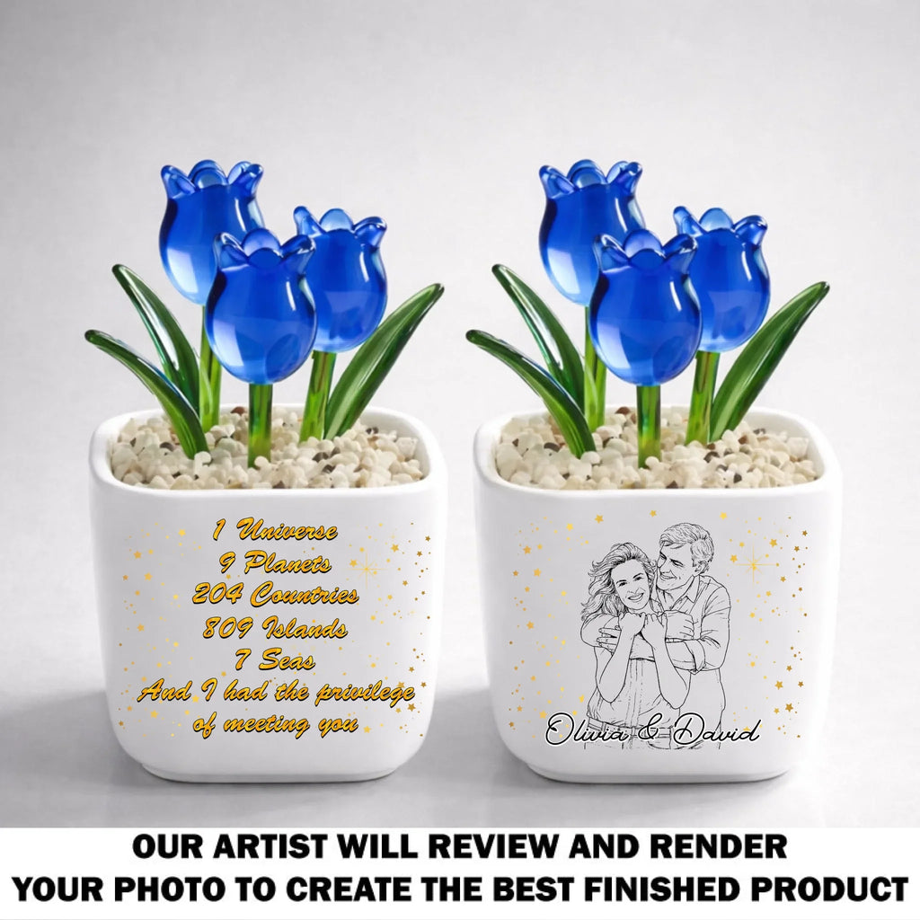 Custom Photo Sketch Line Art Glass Flower Keepsake, Romantic Anniversary Gift for Wife • Lucky To Meet You - Personalized Glass Everlasting Tulips