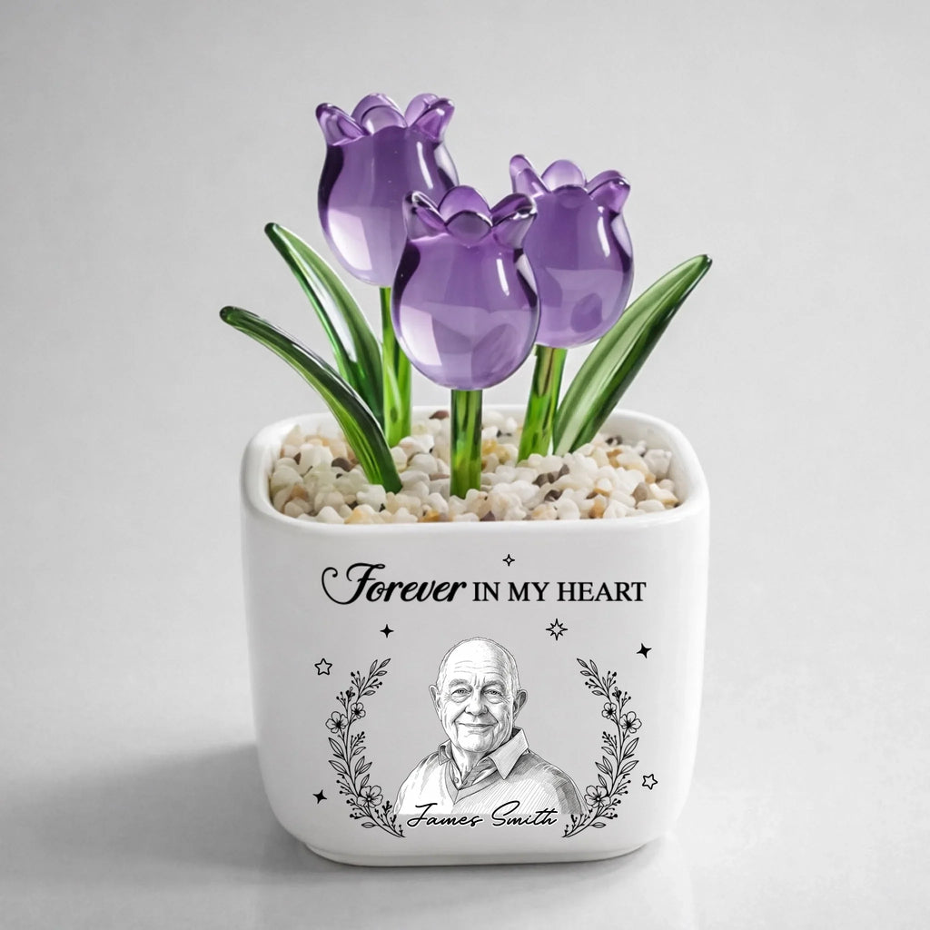 Custom Photo Sketch Line Art Flower Keepsake, Meaningful Glass Home Decor Gift • I Am Always With You - Personalized Glass Everlasting Tulips