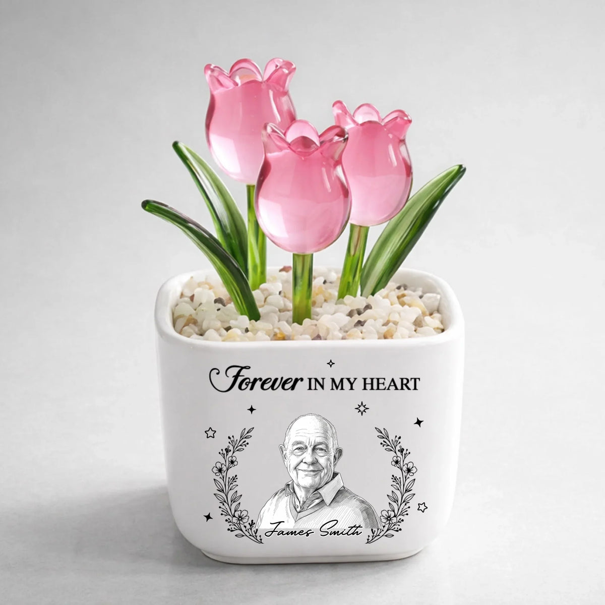Custom Photo Sketch Line Art Flower Keepsake, Meaningful Glass Home Decor Gift • I Am Always With You - Personalized Glass Everlasting Tulips