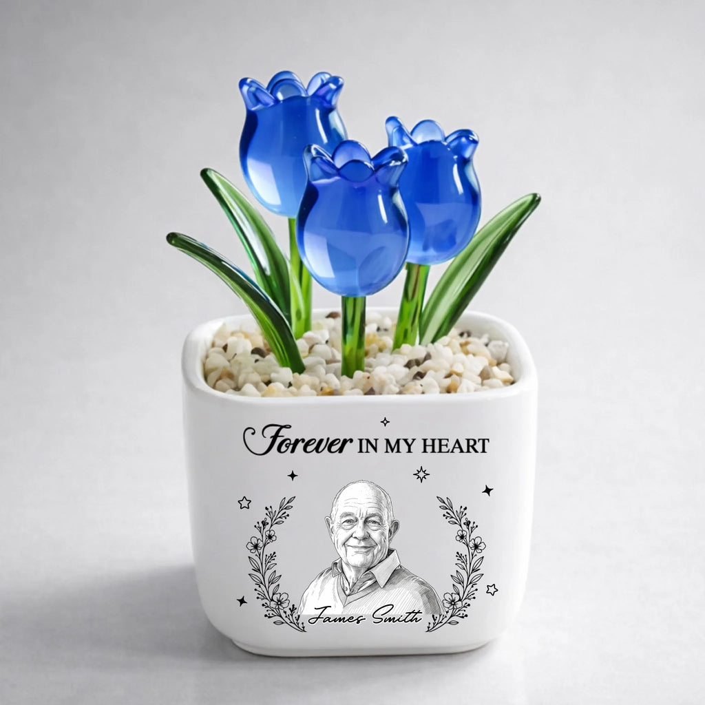 Custom Photo Sketch Line Art Flower Keepsake, Meaningful Glass Home Decor Gift • I Am Always With You - Personalized Glass Everlasting Tulips