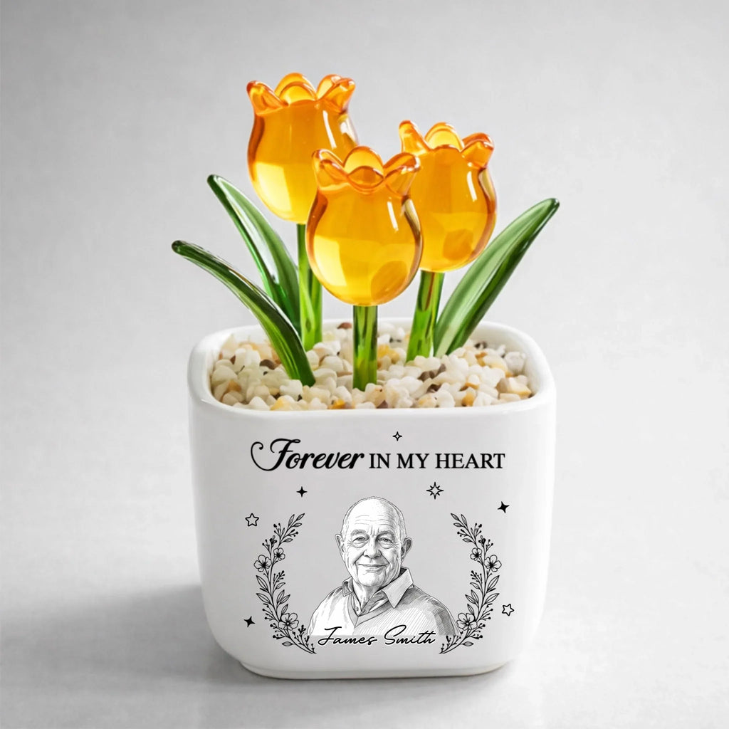 Custom Photo Sketch Line Art Flower Keepsake, Meaningful Glass Home Decor Gift • I Am Always With You - Personalized Glass Everlasting Tulips