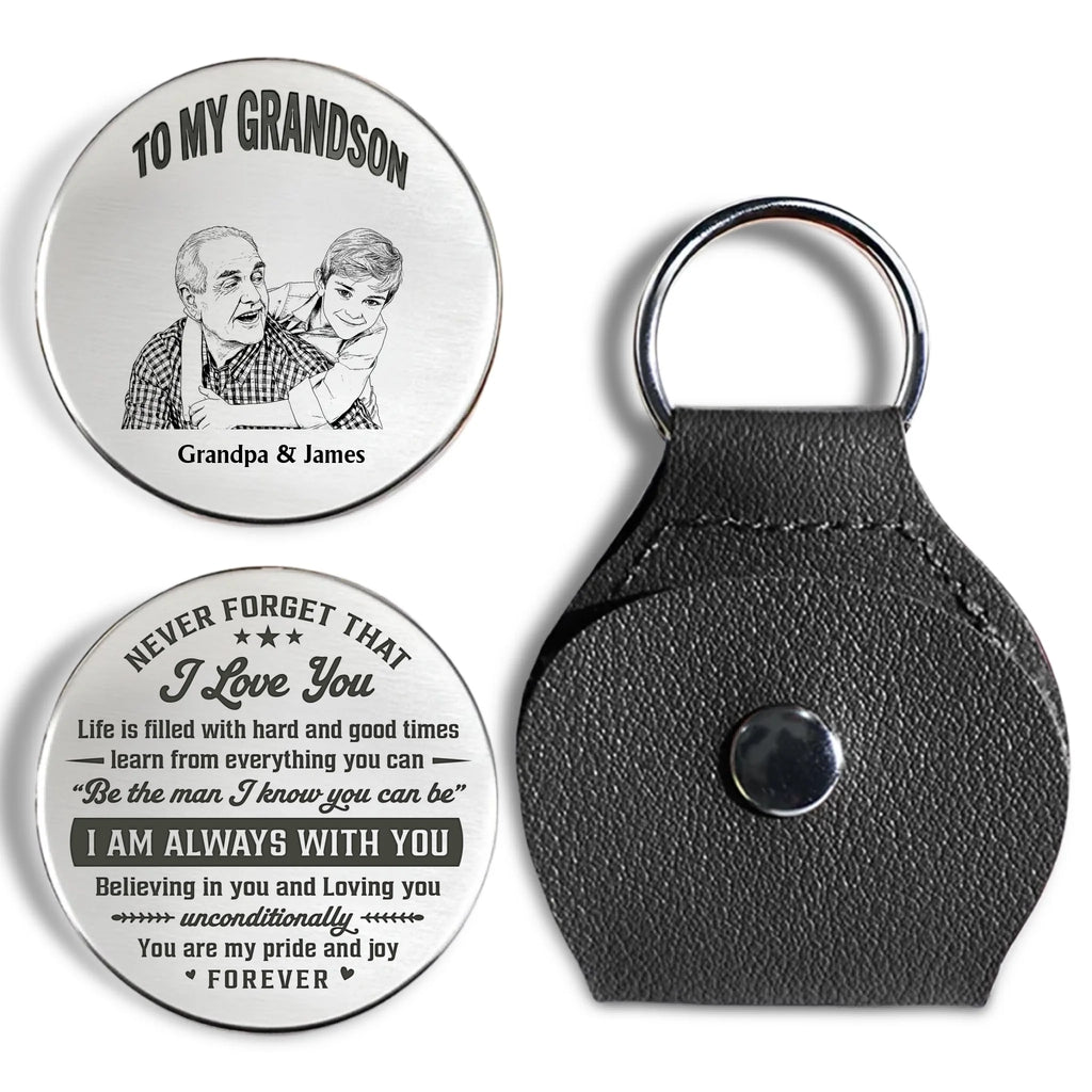 Custom Sketch Line Art Coin Keychain For Grandson Nephew, Family Keepsake • To My Grandson Pride And Joy - Personalized Pocket Hug