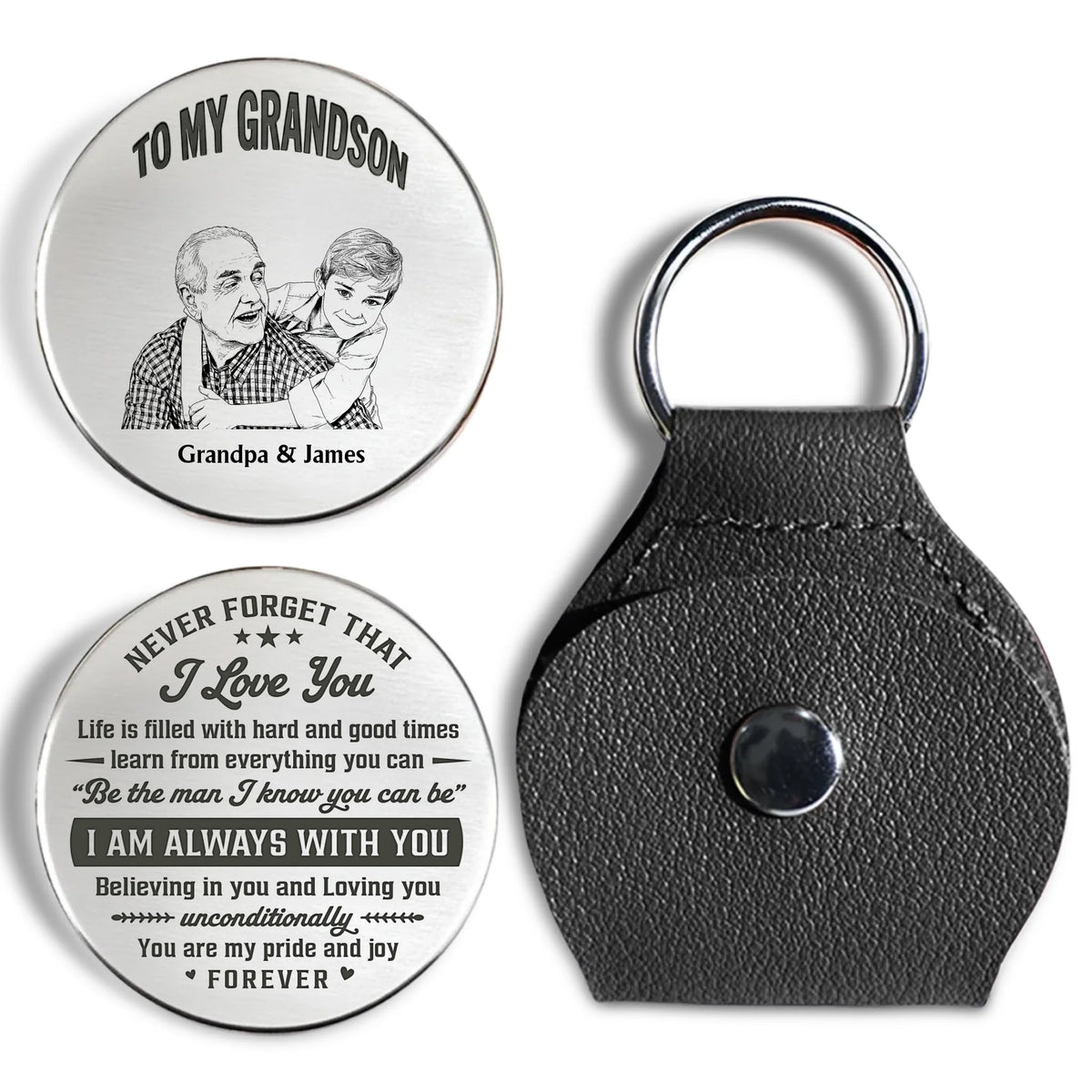 Custom Sketch Line Art Coin Keychain For Grandson Nephew, Family Keepsake • To My Grandson Pride And Joy - Personalized Pocket Hug