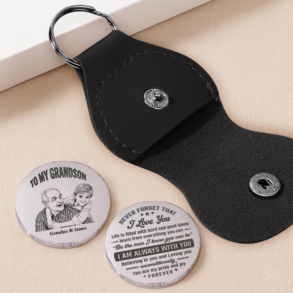 Custom Sketch Line Art Coin Keychain For Grandson Nephew, Family Keepsake • To My Grandson Pride And Joy - Personalized Pocket Hug