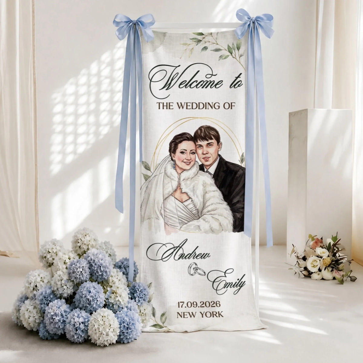 Welcome To The Wedding Of Us - Personalized Welcome Linen Sign