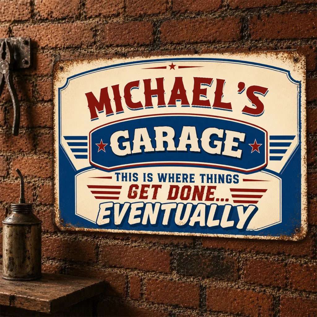Custom Couple Anniversary Wall Decor Keepsake Gift • Good Things Take Garage Time - Personalized Metal Sign