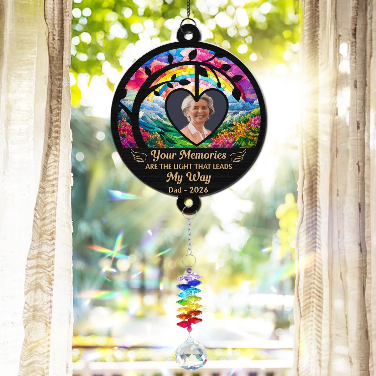 Custom Photo Memorial Hanging Decor, Remembrance Keepsake • Always Walking Within Your Light - Personalized Suncatcher With Crystal Rainbow Charm