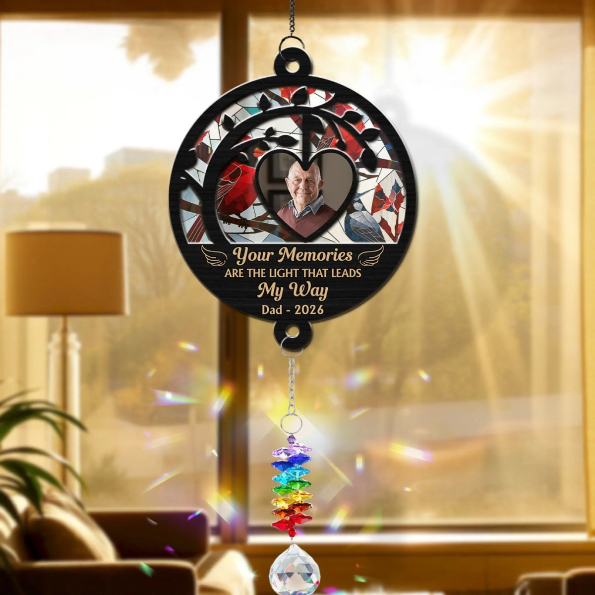 Custom Photo Memorial Hanging Decor, Remembrance Keepsake • Always Walking Within Your Light - Personalized Suncatcher With Crystal Rainbow Charm