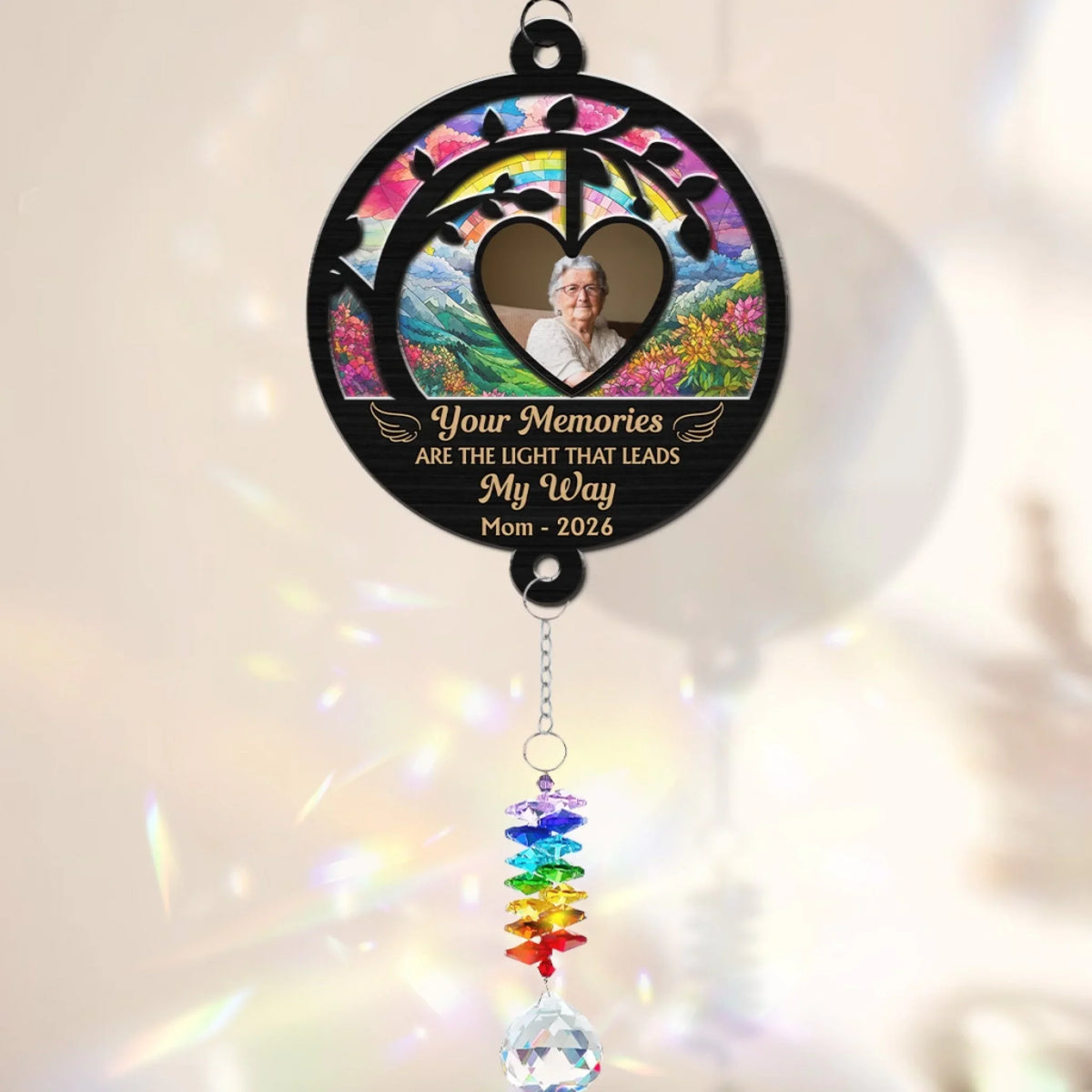 Custom Photo Memorial Hanging Decor, Remembrance Keepsake • Always Walking Within Your Light - Personalized Suncatcher With Crystal Rainbow Charm