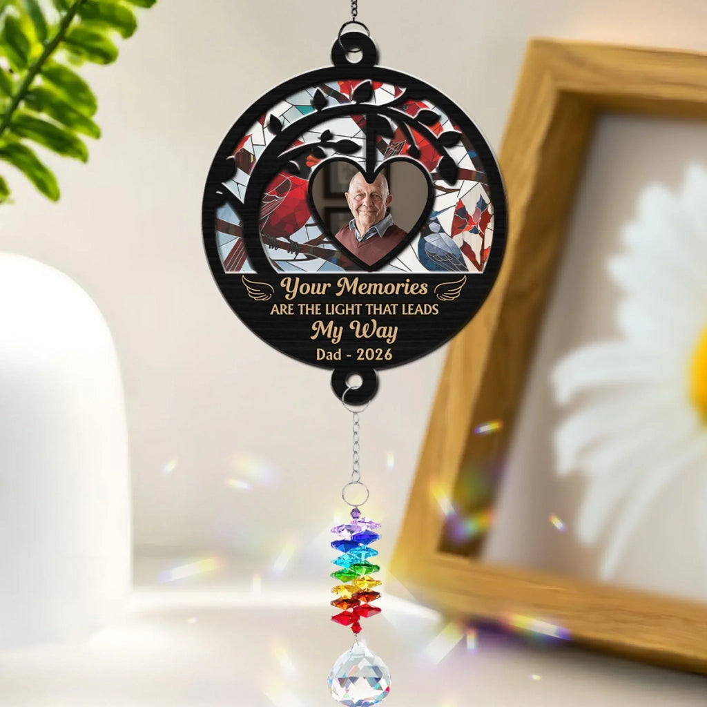 Custom Photo Memorial Hanging Decor, Remembrance Keepsake • Always Walking Within Your Light - Personalized Suncatcher With Crystal Rainbow Charm