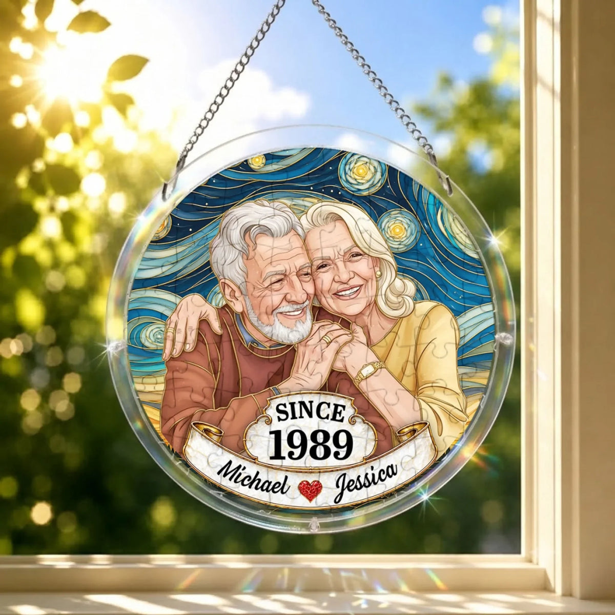 Custom Photo Couple Hanging Decor, Anniversary Valentine's Day Gifts • Love Caught In Light - Personalized Puzzle Suncatcher