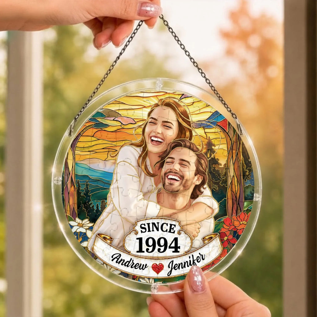 Custom Photo Couple Hanging Decor, Anniversary Valentine's Day Gifts • Love Caught In Light - Personalized Puzzle Suncatcher