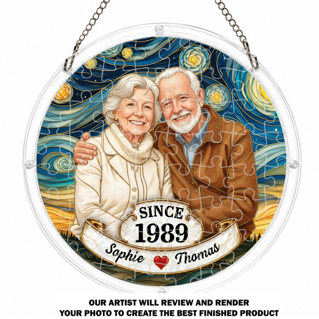 Custom Photo Couple Hanging Decor, Anniversary Valentine's Day Gifts • Love Caught In Light - Personalized Puzzle Suncatcher