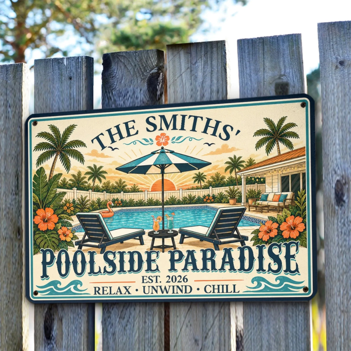 Custom Family Summer Backyard, Patio & Porch Decor • Poolside Party - Personalized Metal Sign